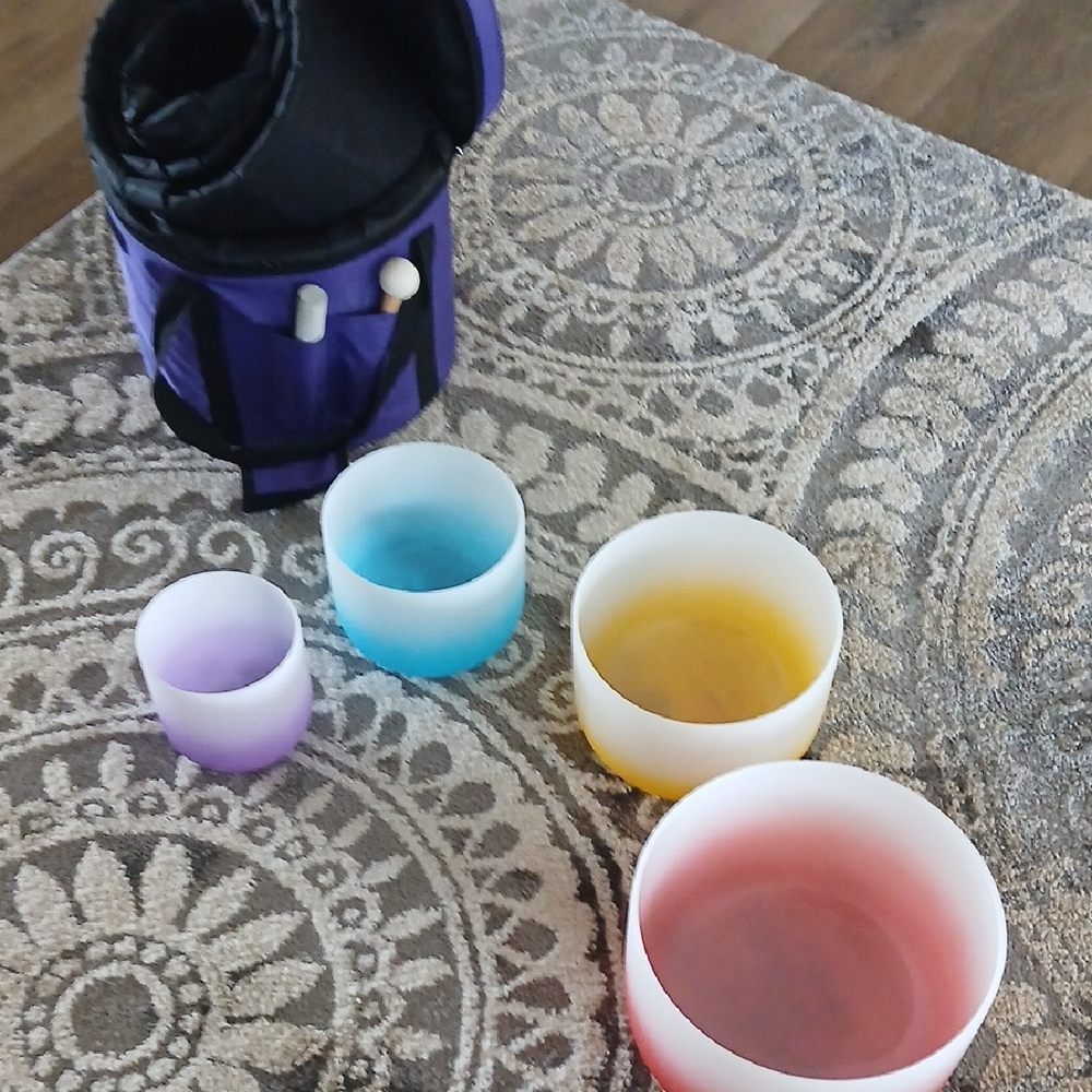 Set Of 4 Frosted Crystal Singing Bowls, Red, Yellow Teal, And Purple